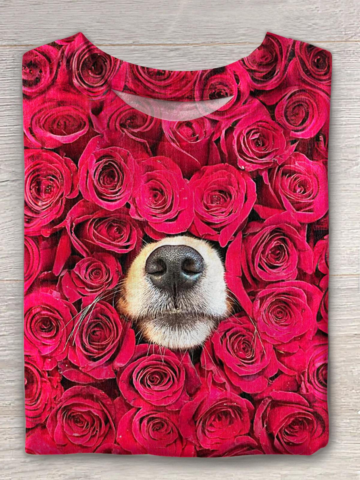 Valentine's Day Rose Puppy Print Crew Neck T-shirt