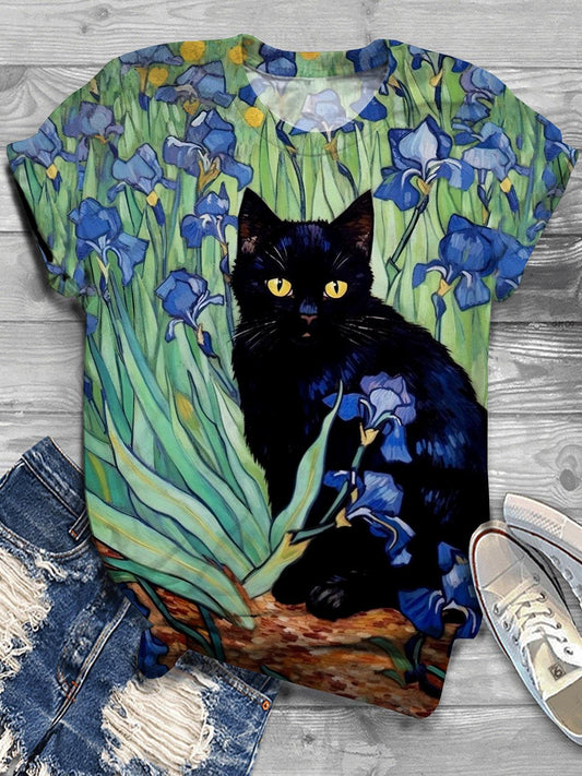 Cat Flower Crew Neck T-Shirt