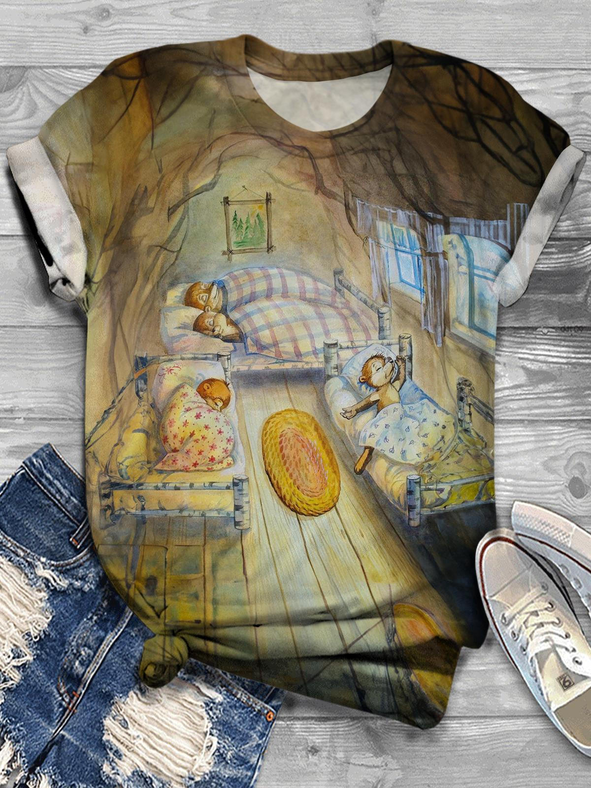 Women's Cute Mouse Family Sleeping Print T-shirt