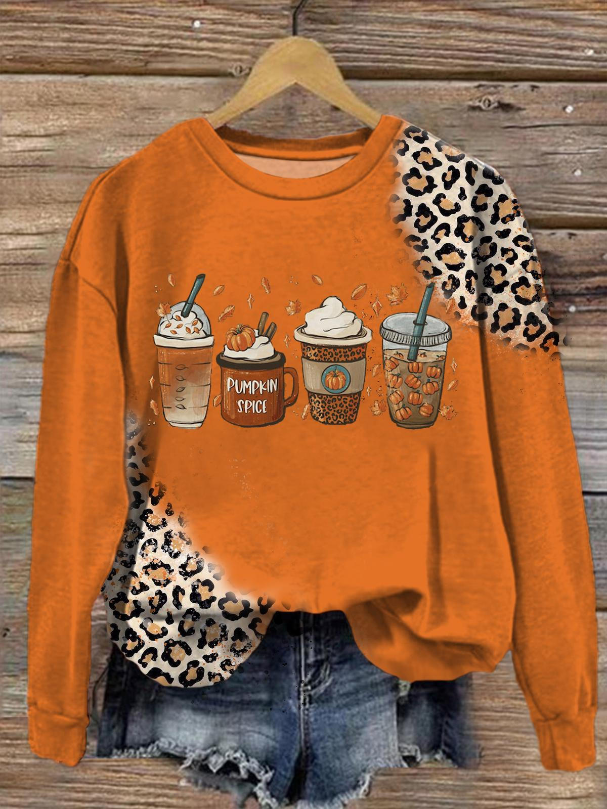 Leopard Fall Pumpkin Spice Coffee Long Sleeve Top