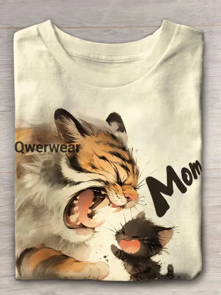 Roaring Tiger Dad/Mom And Cute Cat Kid Fun Print T-shirt Beige yellow / S
