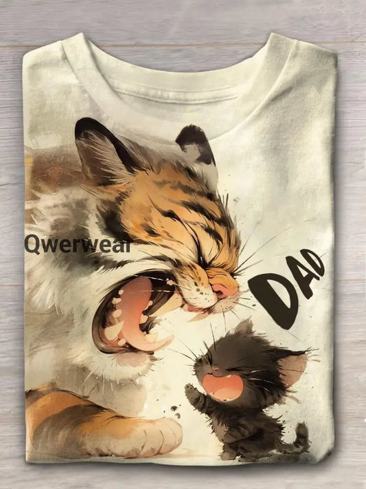 Roaring Tiger Dad/Mom And Cute Cat Kid Fun Print T-shirt Mixed Color / S