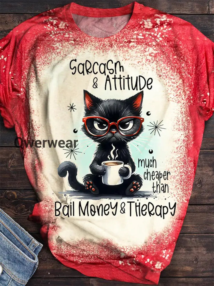 Sarcasm Attitude Angry Cat Print Crew Neck T-shirt Red / S Women\’s Tops