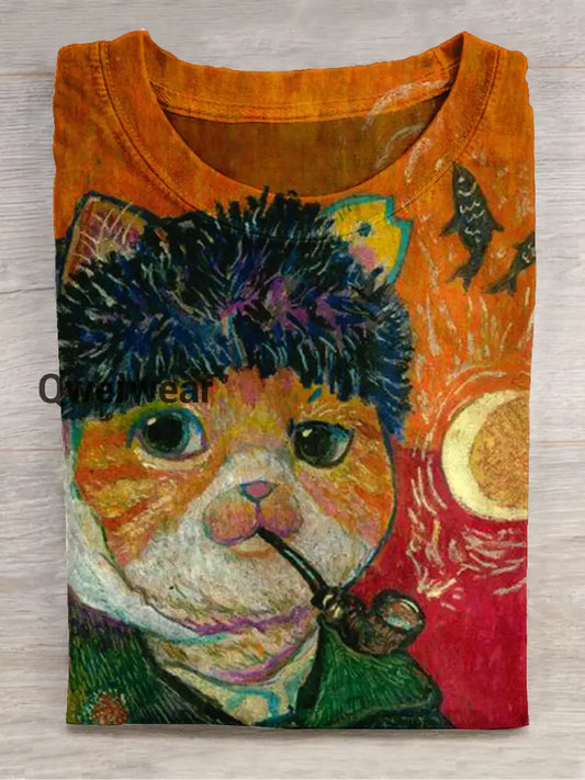 Spoof Of World Famous Paintings Art Print Round Neck Short-Sleeved Casual T-Shirt Orange / S