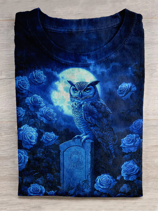 Moonlit Owl Blue Rose Art Print Unisex Round Neck Short Sleeve Casual T-shirt