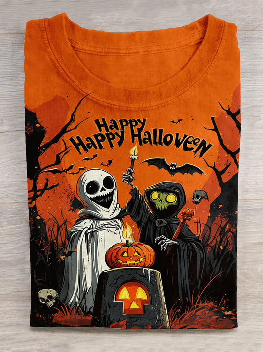 Skeleton Wizard Headless Knight Pumpkin Lantern Halloween Art Print Unisex Round Neck Short Sleeve Casual T-shirt