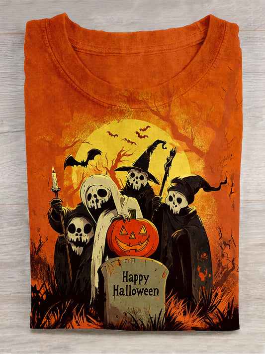 Pumpkin Lantern Skeleton Wizard Halloween Art Print Unisex Round Neck Short Sleeve Casual T-shirt