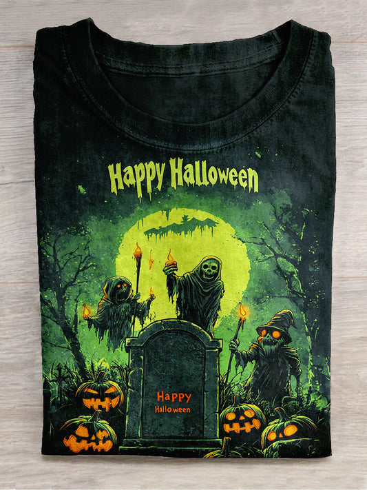 Pumpkin Lantern Skeleton Wizard Horror Cemetery Happy Halloween Art Print Unisex Round Neck Short Sleeve Casual T-shirt