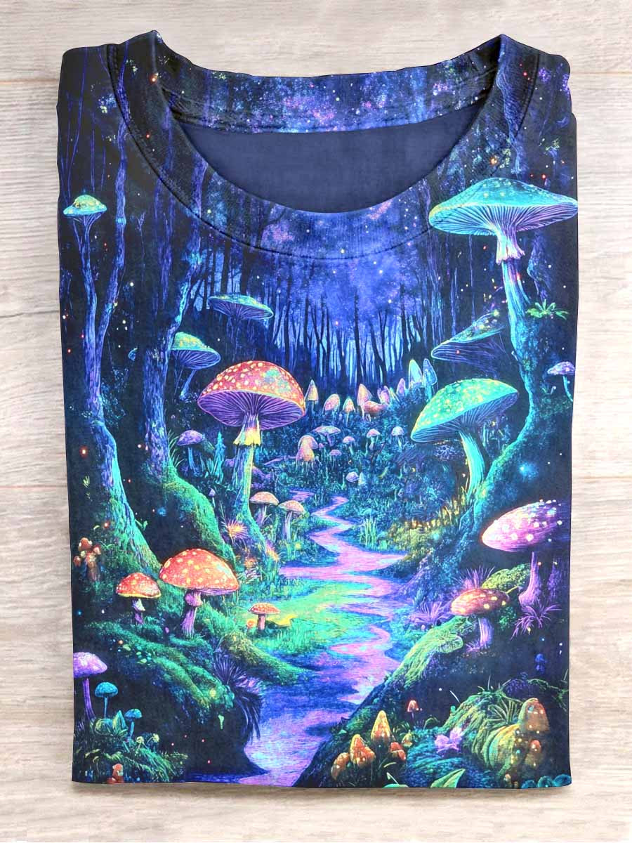 Unisex Forest Fluorescent Mushroom Print Casual T-shirt