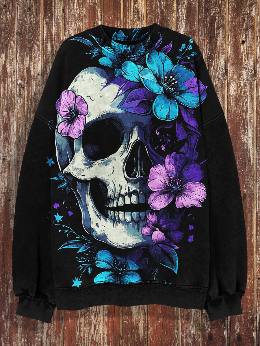 Unisex Skull And Eye Fantasy Flowers Print Crew Neck Casual Sweatshirt