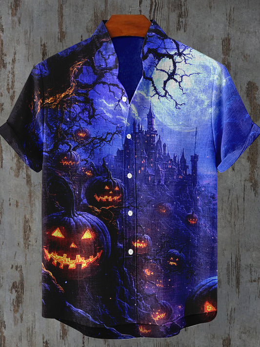 Horror Pumpkin Forest Castle Halloween Art Print Unisex Round Neck Short Sleeve Casual T-shirt