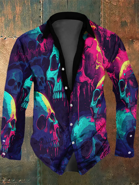 Men's Retro Dark Style Colorful Skull Print Casual Vintage Shirt