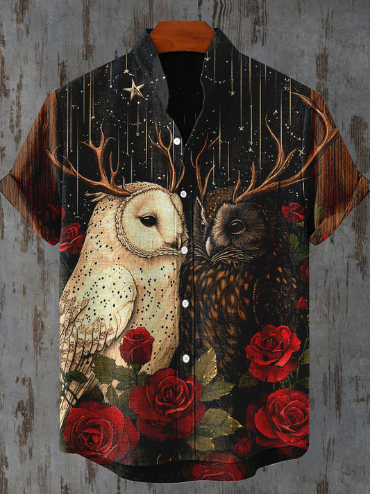 Deer Owl Red Rose Woodgrain Art Print Casual Shirt