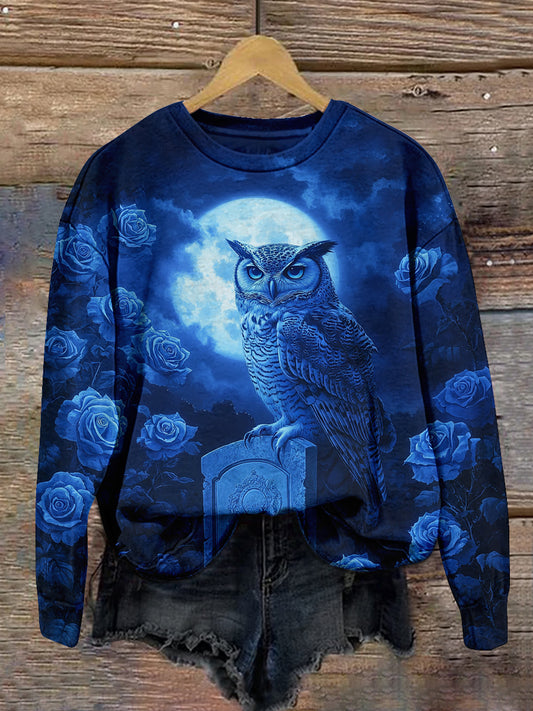 Blue Moonlight Rose Garden Owl Art Print Unisex Crew Neck Long Sleeve Casual Sweatshirt