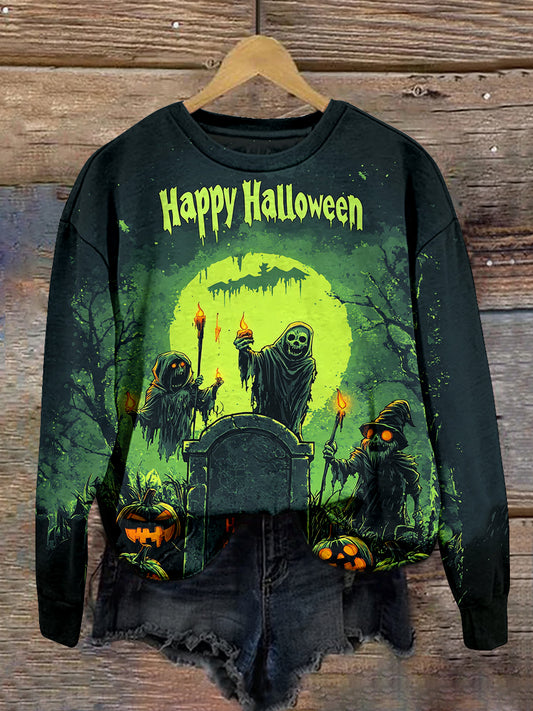 Pumpkin Lantern Skeleton Wizard Halloween Series Art Print Unisex Round Neck Long Sleeve Casual Sweatshirt