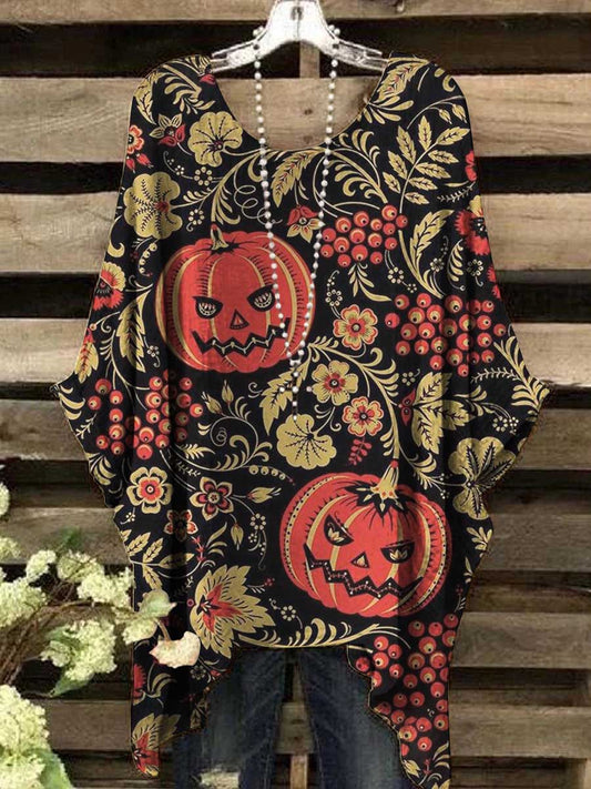 Women's Vintage Halloween Pumpkin Greenery Print Top