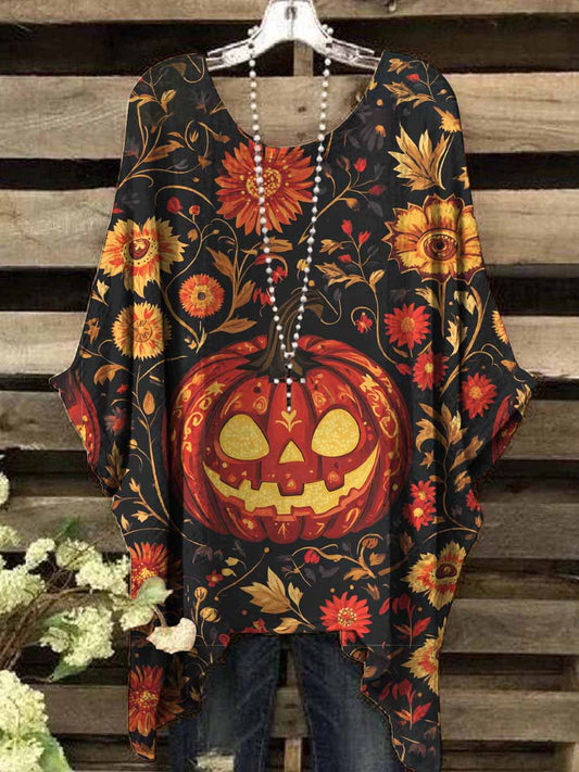 Women's Vintage Halloween Pumpkin Greenery Print Top