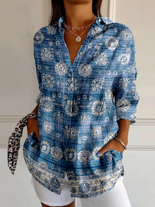 Retro Boho Floral Art Print Vintage Chic V-Neck Button Up Long Sleeve Shirt