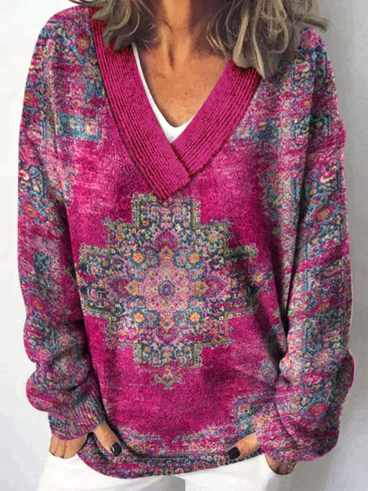 Retro Boho Floral Printed V-Neck Casual Comfortable Long-Sleeved Loose Sweatshirt