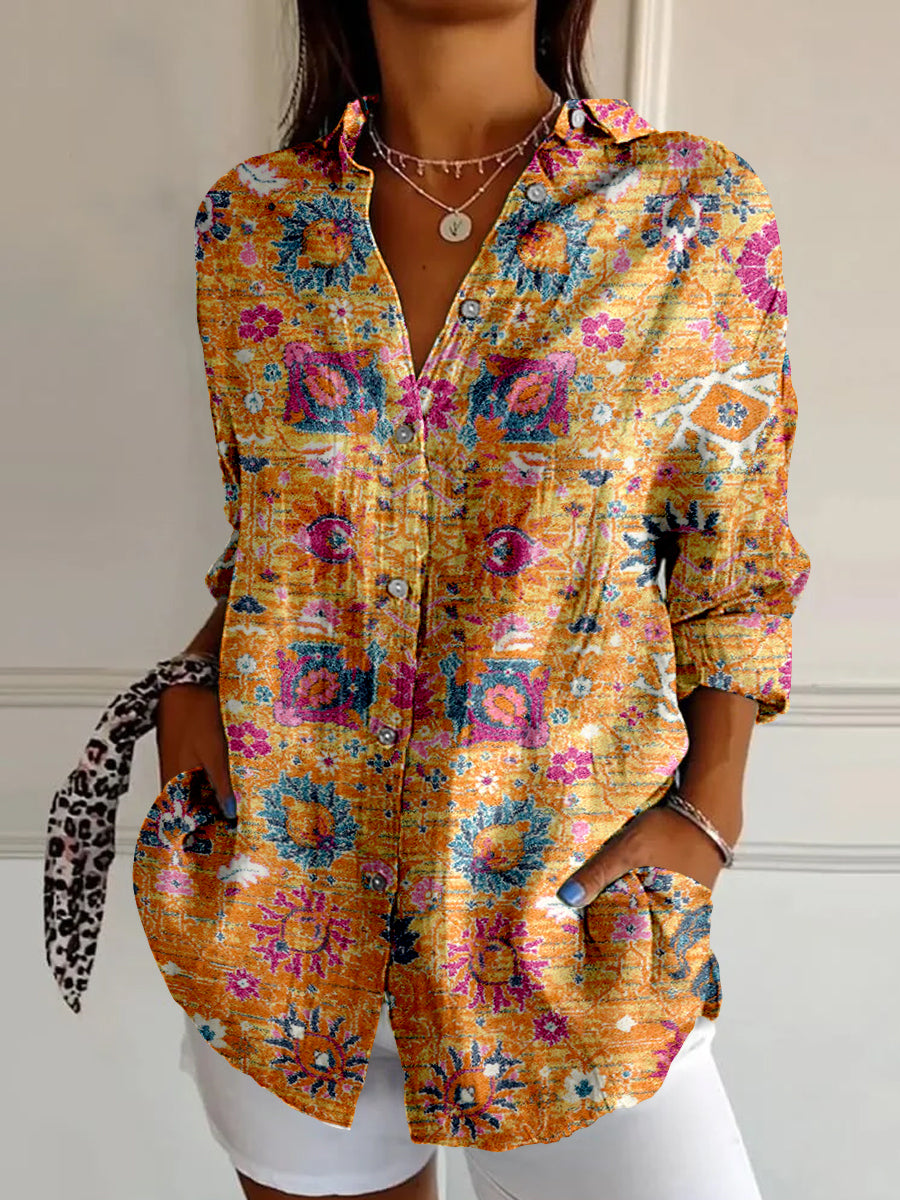 Retro Boho Floral Art Print Vintage Chic V-Neck Button Up Long Sleeve Shirt