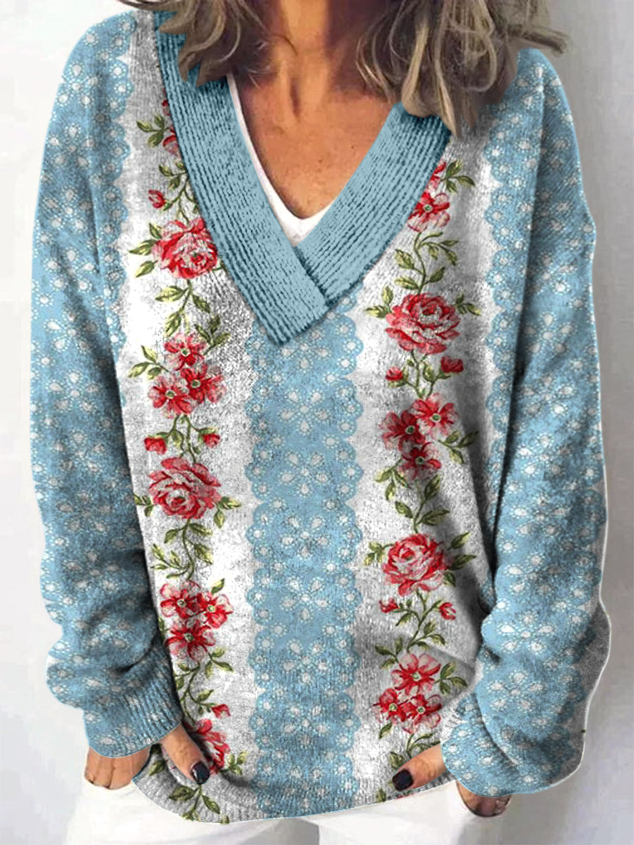 Retro Boho Floral Printed V-Neck Casual Comfortable Long-Sleeved Loose Sweatshirt