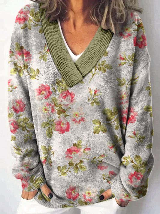 Retro Boho Floral Printed V-Neck Casual Comfortable Long-Sleeved Loose Sweatshirt