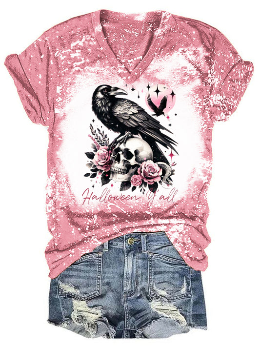 Vintage Skull Crow Art Pattern Tie-Dye V-Neck T-Shirt