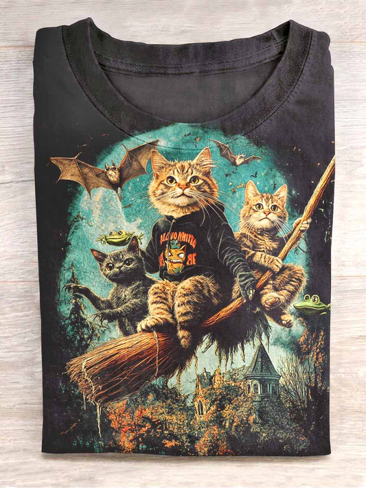 Unisex Broomstick Cat Print Casual T-shirt