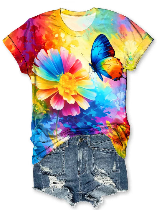 Vintage Colorful Butterfly Floral Art Pattern Tie-Dye Crew Neck T-Shirt