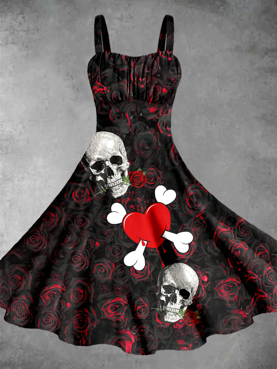 Vintage Dark Skull Love Print Daily Sleeveless Dress