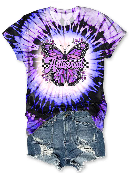 Vintage Purple Butterfly Art Pattern Tie-Dye Crew Neck T-Shirt