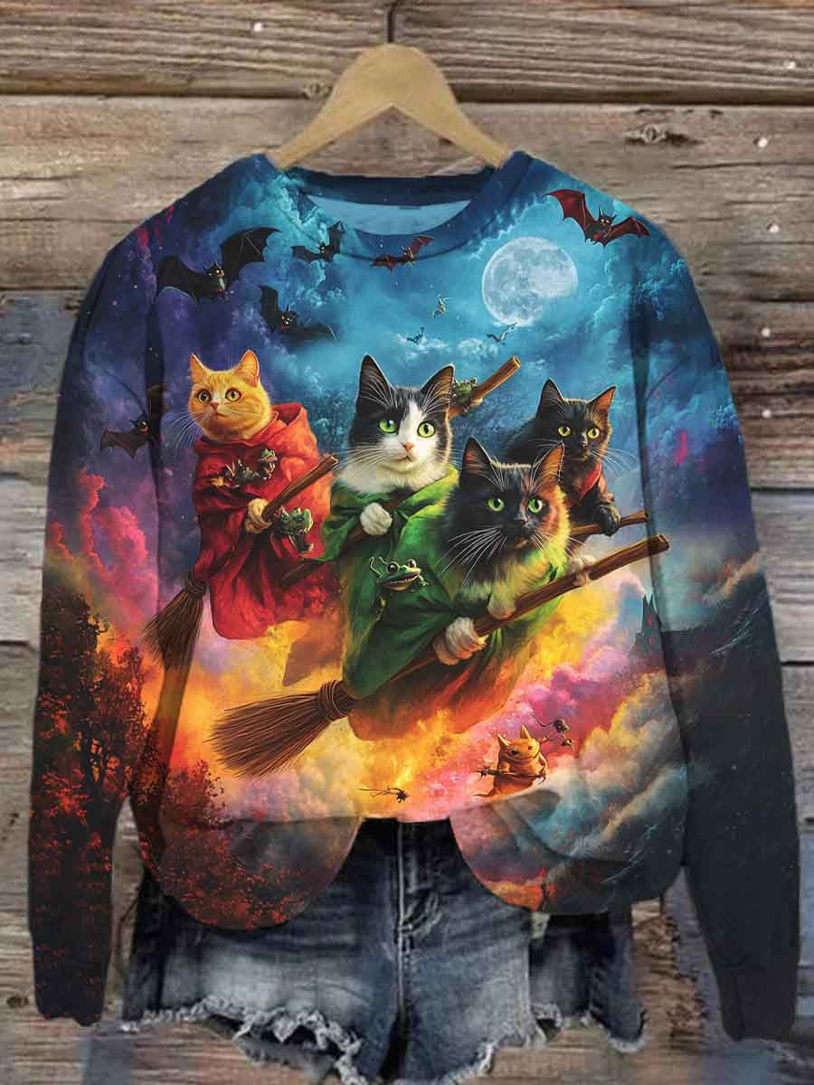 Unisex Flying Cats Printed Casual Sweatshirt