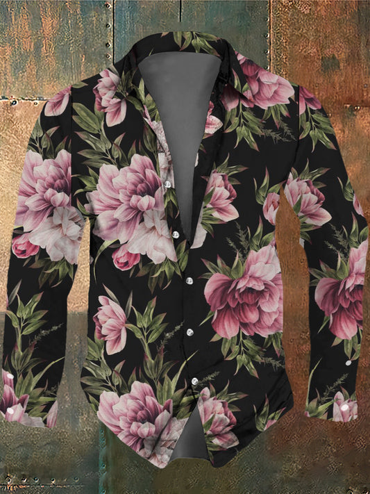 Men's Retro Dark Style Beautiful Flowers Print Long Sleeve Shirt