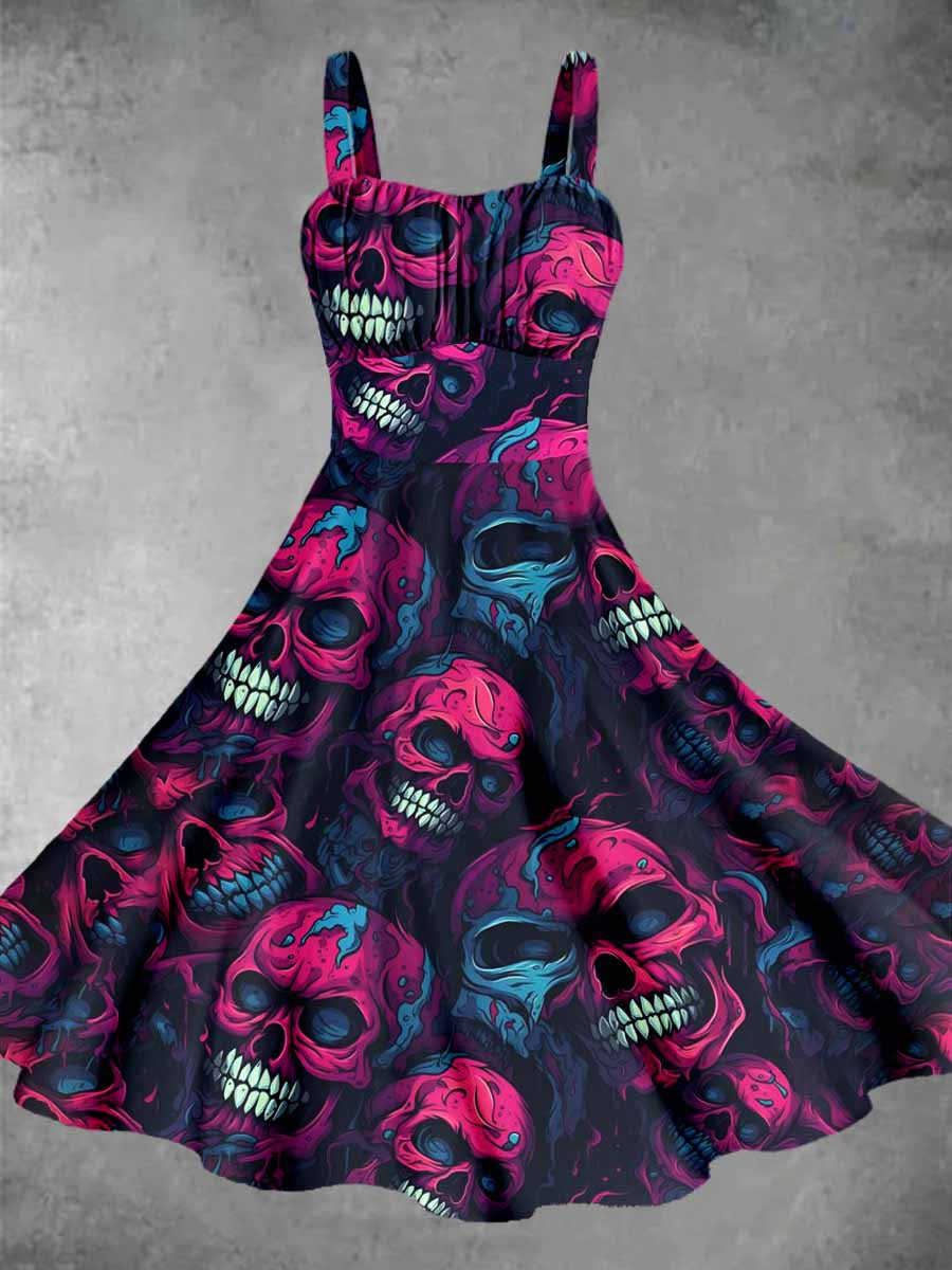 Vintage Dark Skull Print Daily Casua Sleeveless Dress