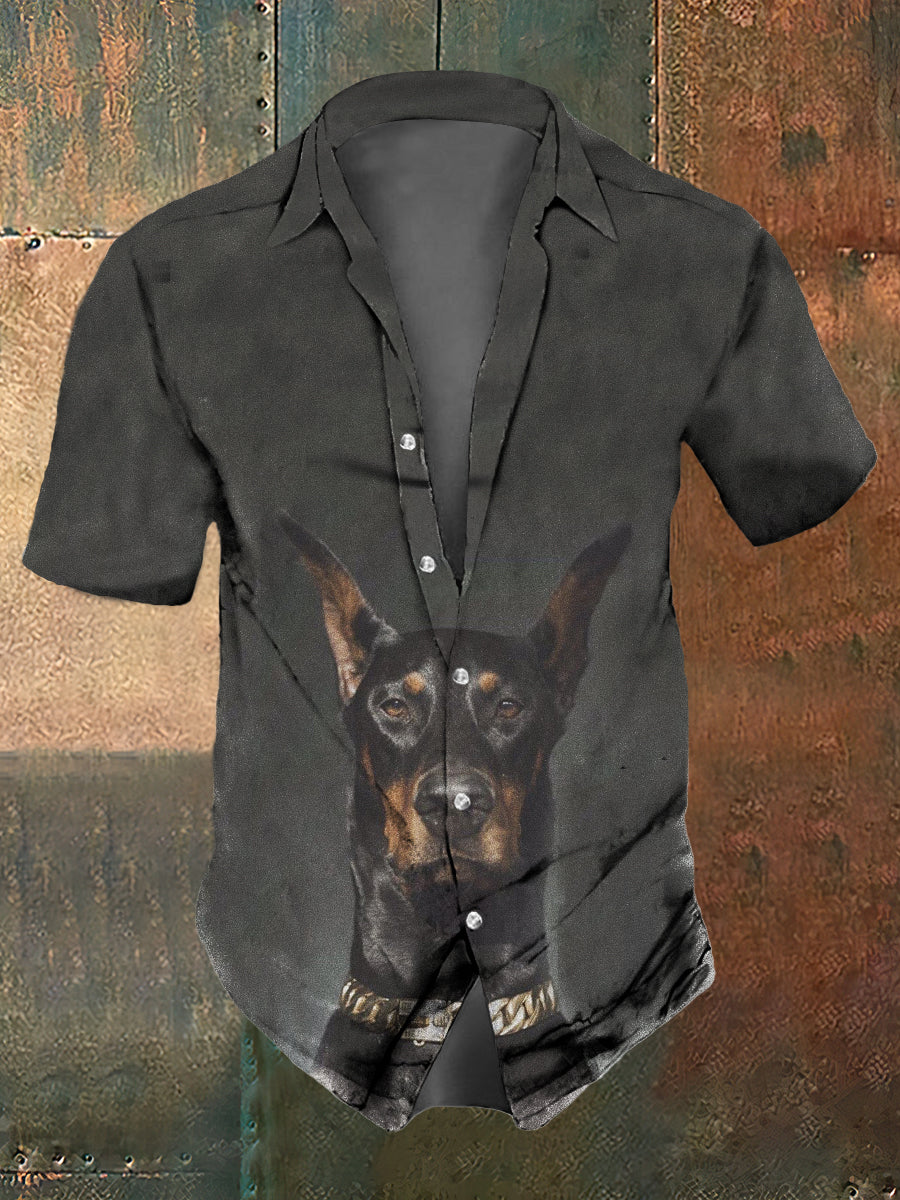 Men's Retro Dark Style Demon Dog Print Casual Shirt