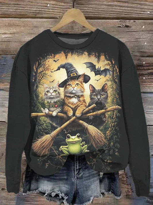 Unisex Flying Cats Printed Casual Sweatshirt