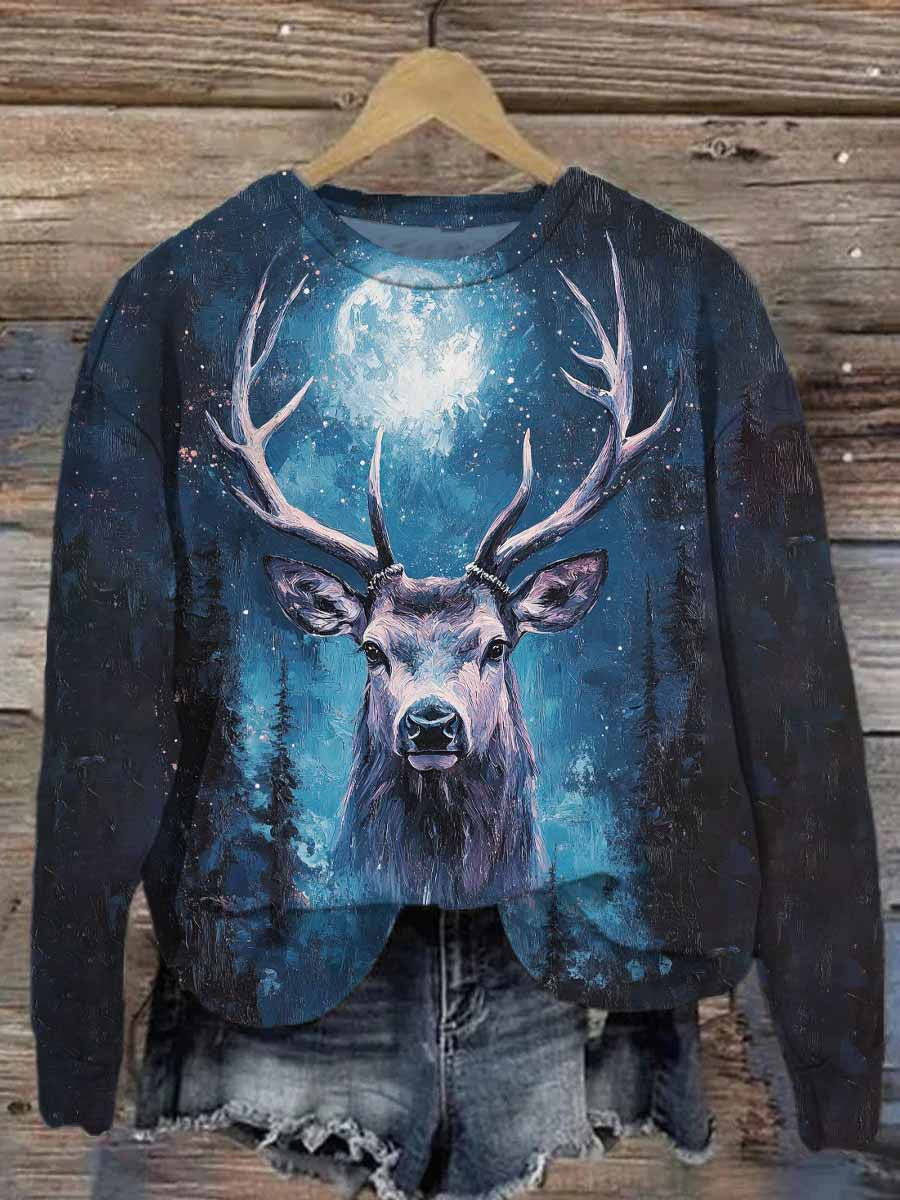 Unisex Night Deer Print Casual Sweatshirt