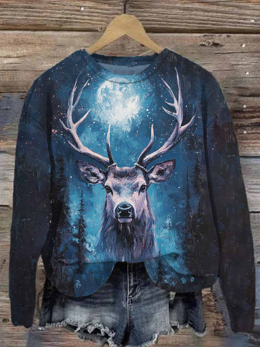 Unisex Night Deer Print Casual Sweatshirt