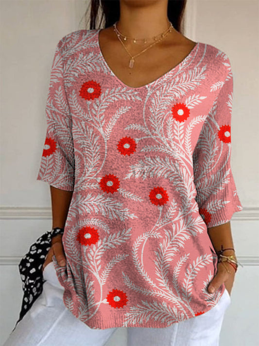 Elegant Retro Floral Print V-Neck Loose Mid-Length Sleeve Top