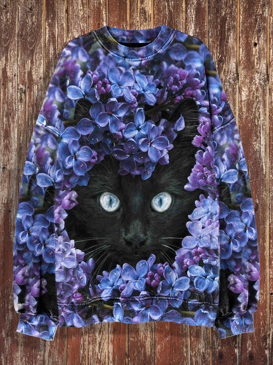 Unisex Black Cat Print Crew Neck Casual Sweatshirt