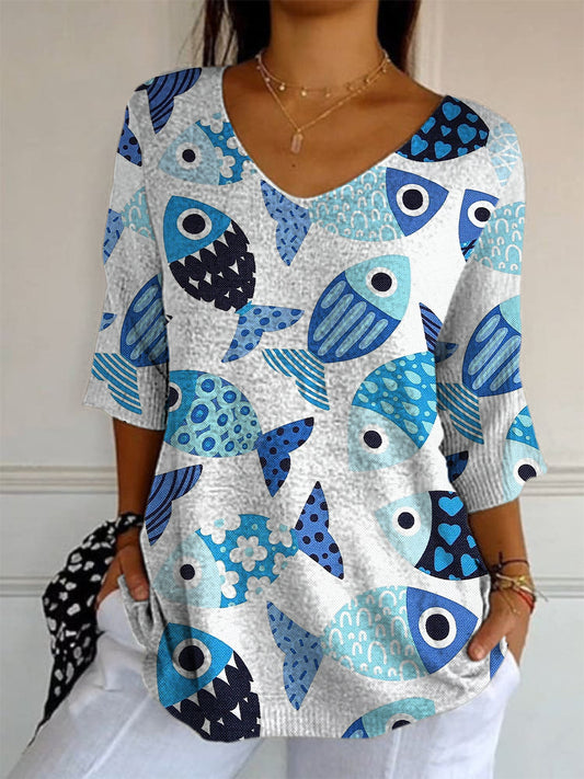 Elegant Retro Floral Print V-Neck Loose Mid-Length Sleeve Top