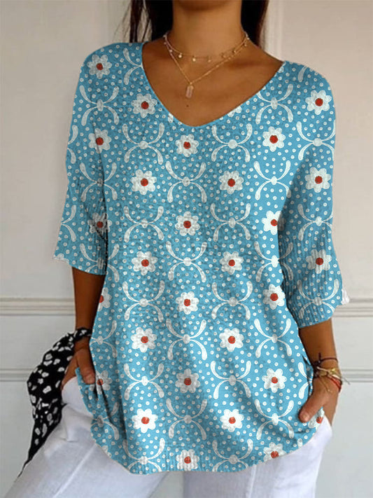 Elegant Retro Floral Print V-Neck Loose Mid-Length Sleeve Top