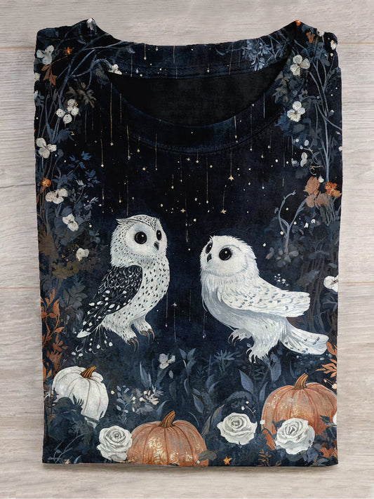 Owl Floral Halloween Art Print Unisex Round Neck Short Sleeve Casual T-Shirt