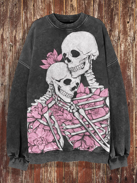 Unisex Skull Love Rose Print Crew Neck Casual Sweatshirt