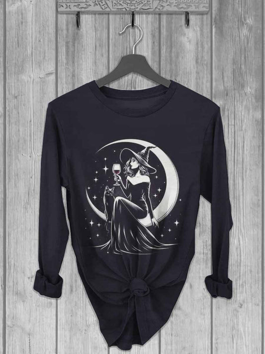 Unisex Witch Moon Print Casual Long Sleeve T-Shirt