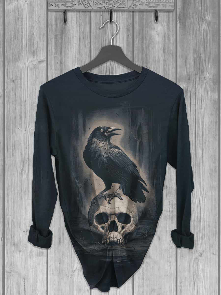 Unisex Skull Raven Print Casual Long Sleeve T-Shirt