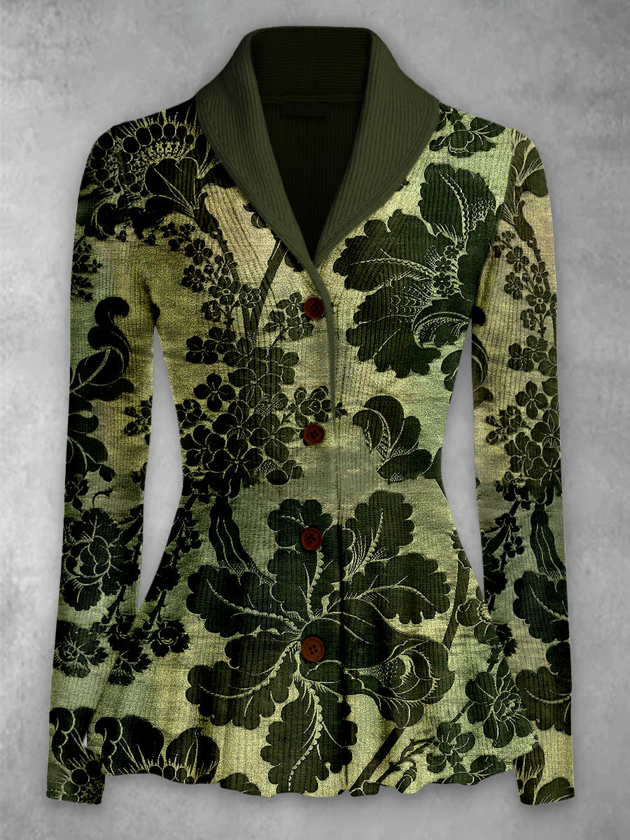 Elegant Retro Floral Printed Elegant Lapel V-Neck Button Up Texture Long-Sleeved Top