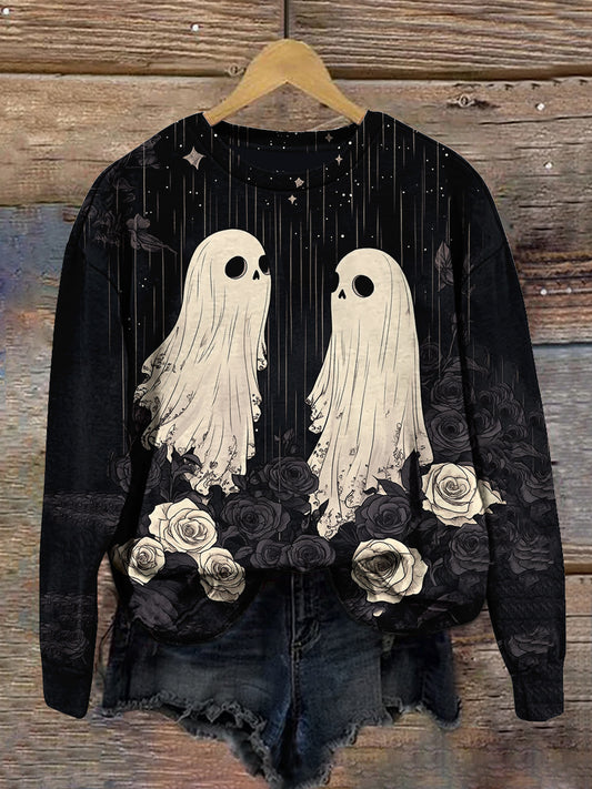 Ghost White Rose Art Print Unisex Round Neck Long Sleeve Casual Sweatshirt