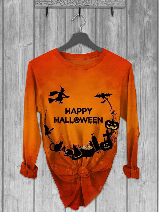 Unisex Halloween Witch Print Casual Long Sleeve T-Shirt