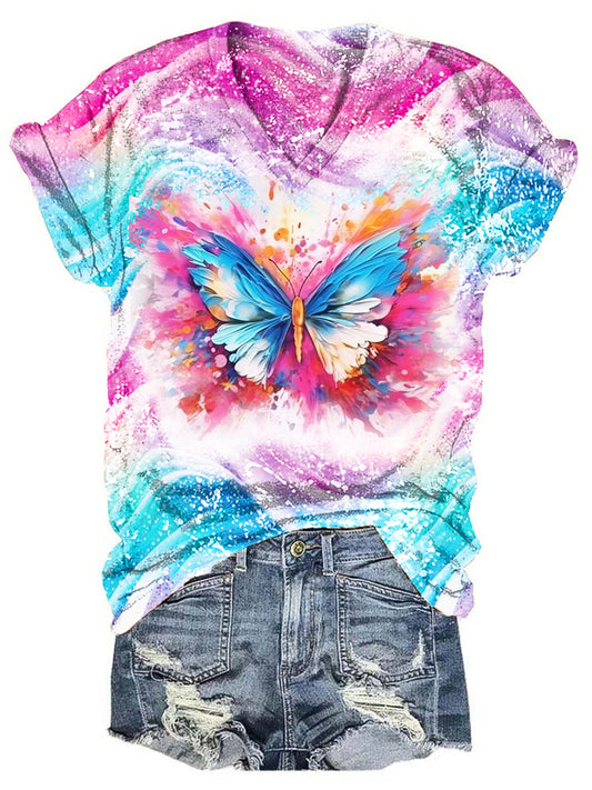 Vintage Colorful Butterfly Art Pattern Tie-Dye V-Neck T-Shirt